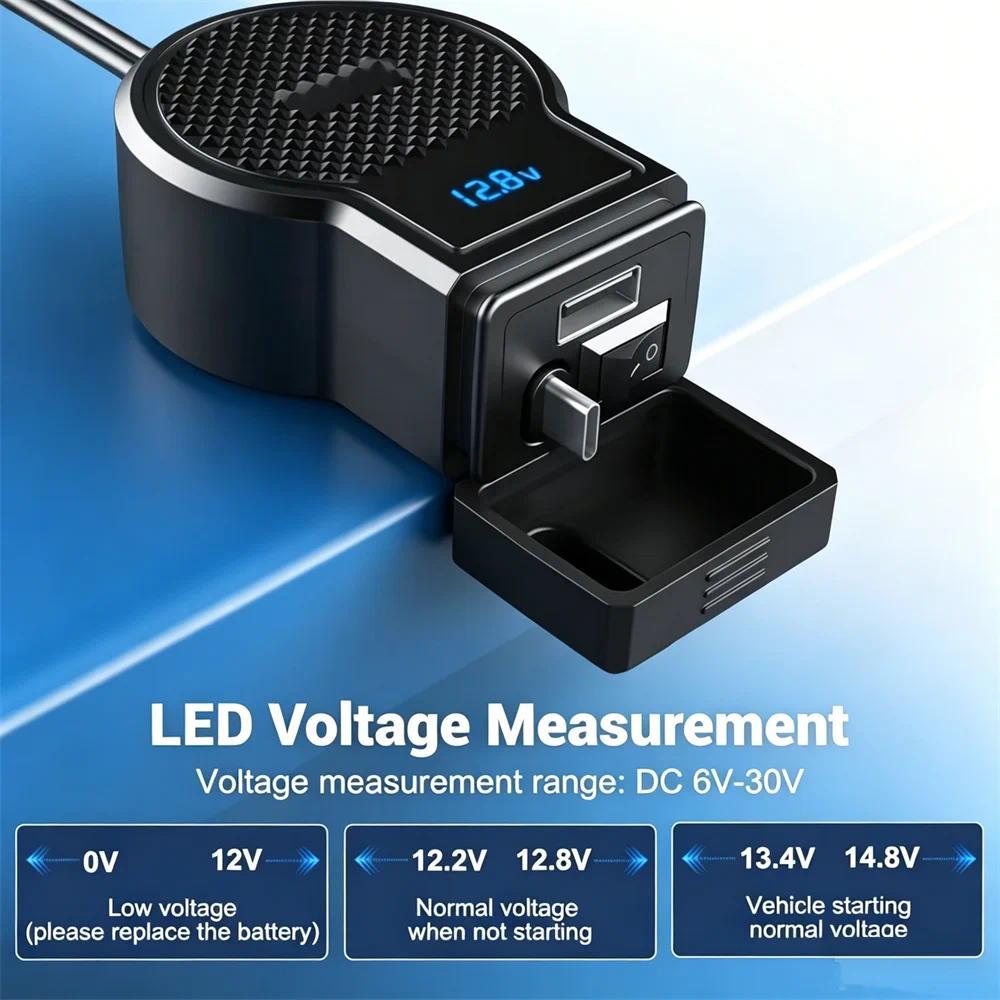[Sẵn sàng] Ổ cắm USB xe máy 12V Type-C Bộ chuyển đổi nguồn sạc có thể thu vào Cổng kép PD + QC3.0 với công tắc Vôn kế kỹ thuật số chống nước