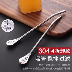 304 Thép Không Gỉ Rơm Thìa Kép Sáng Tạo Cà Phê Khuấy Thìa Thân Thiện Với Môi Trường Ống Uống Nước Trái Cây Trà Sữa Lọc Rơm XB6W