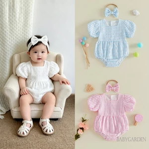Áo liền quần kẻ sọc bé gái có băng đô cổ vuông ngắn tay cho trẻ sơ sinh