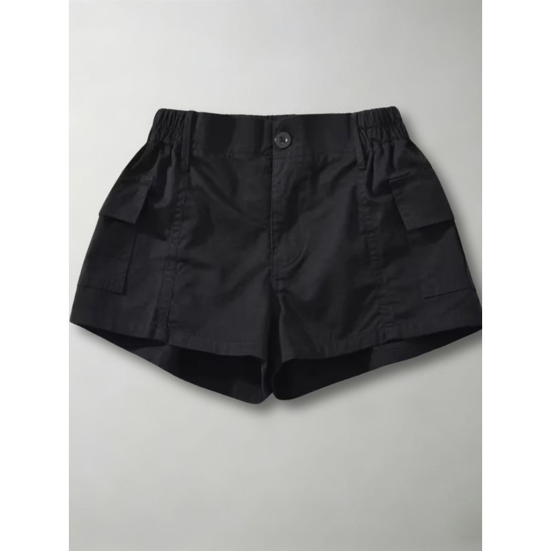Quần short nữ xanh lính kiểu Mỹ, túi hộp, cạp chun co giãn, phong cách retro, dáng rộng