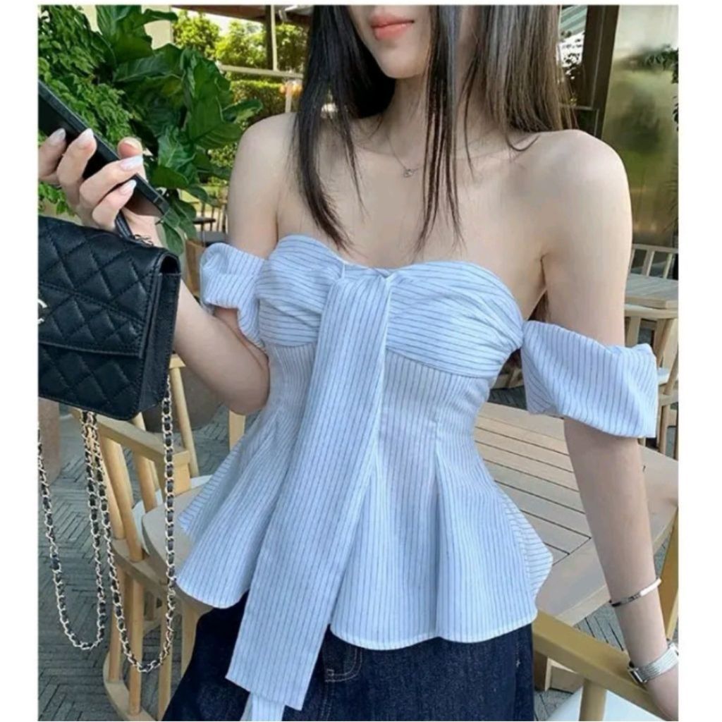 (tay áo ko có nút gài)Áo kẻ thắt dây ngực chít eo tay bo bí phồng. - SamHi Closet