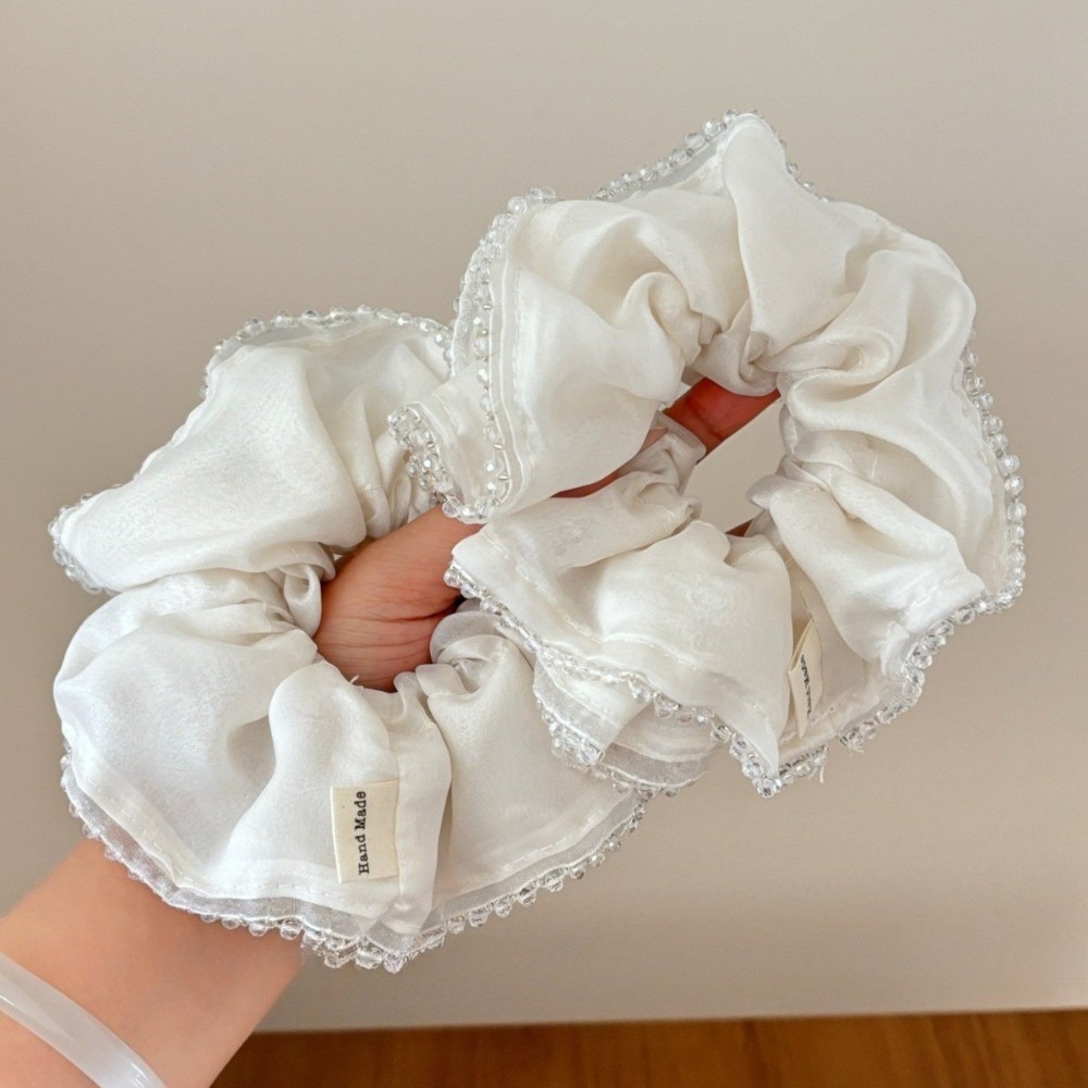 Hululu / {Soft Cream Satin} Crystal Seaming Dây buộc tóc ruột lớn Ngọc trai Satin Thời trang Nhẹ nhàng Con gái Phong cách bóng Dây cao su da đầu