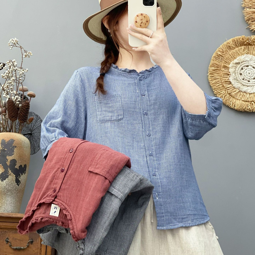 Áo sơ mi nữ Cotton chất lượng cao Sợi ngàn lưới chim dáng rộng Áo sơ mi thường ngày