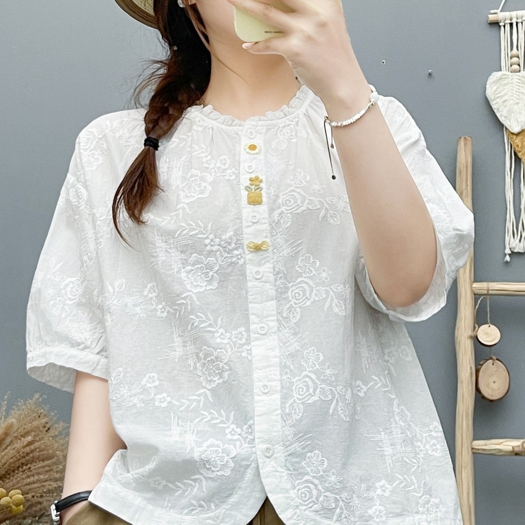 [Sẵn Sàng] Áo Sơ Mi Nữ Sợi Cotton Thêu Hoa Hồng Ba Chiều Chậu Áo Sơ Mi Trắng