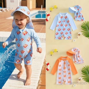 0-5 Tuổi Trẻ Em Bé Trai Rash Guard Đồ Bơi Có Mũ In Hình Cua Dài Tay Đồ Bơi Cho Bé Bộ Đồ Tắm