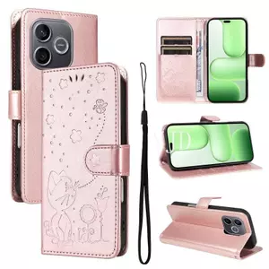 Ốp Lưng Cho Honor 600 Lite Dập Nổi Mèo Và Ong Da Khe Cắm Thẻ Dây Đeo Tay Chống Rơi Vỏ Điện Thoại