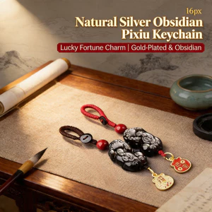 Móc khóa Obsidian Pixiu bạc tự nhiên - Dây bện đỏ / nâu - Bùa may mắn mạ vàng - Bùa may mắn may mắn