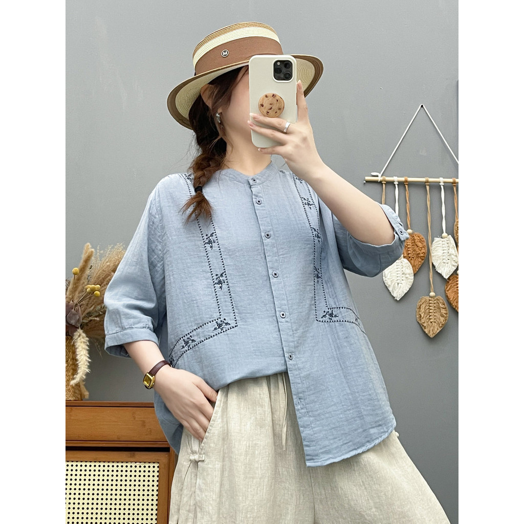 Áo sơ mi nữ Mori phong cách dân tộc, thêu tay ngắn, sợi cotton cao cấp