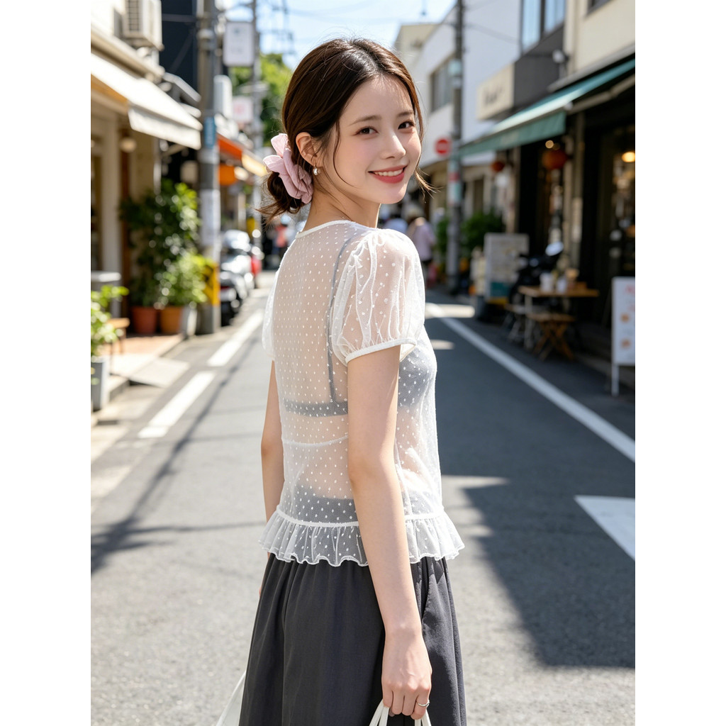 Milyfashion Áo Thun Mùa Hè Cổ Tròn Họa Tiết Chấm Bi, Tay Phồng