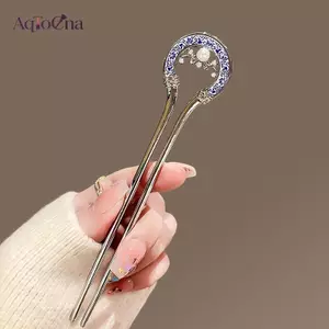 AqToCna Ngọc Trai Kim Loại Hình Chữ U Tóc Sti Retro Xanh Trắng Sứ Hình Chữ U Hanfu Kẹp Tóc Phụ Kiện Tóc AqToCna