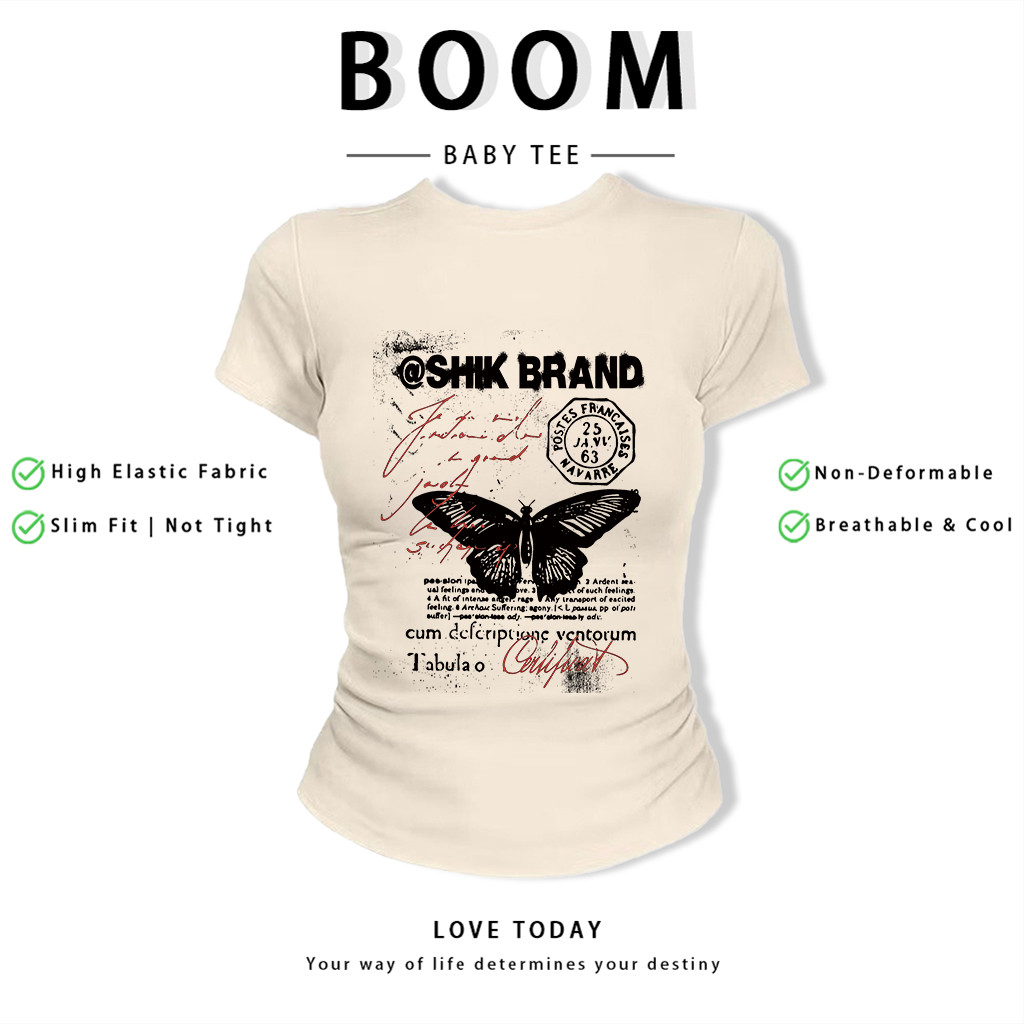 BOOM Áo Baby Tee Nữ Cotton Ôm Body-Áo Thun Ngắn Tay Y2K In Hình PhongCách Mùa Hè, Cổ Tròn Hàng Đầucách hàn quốc phongK06