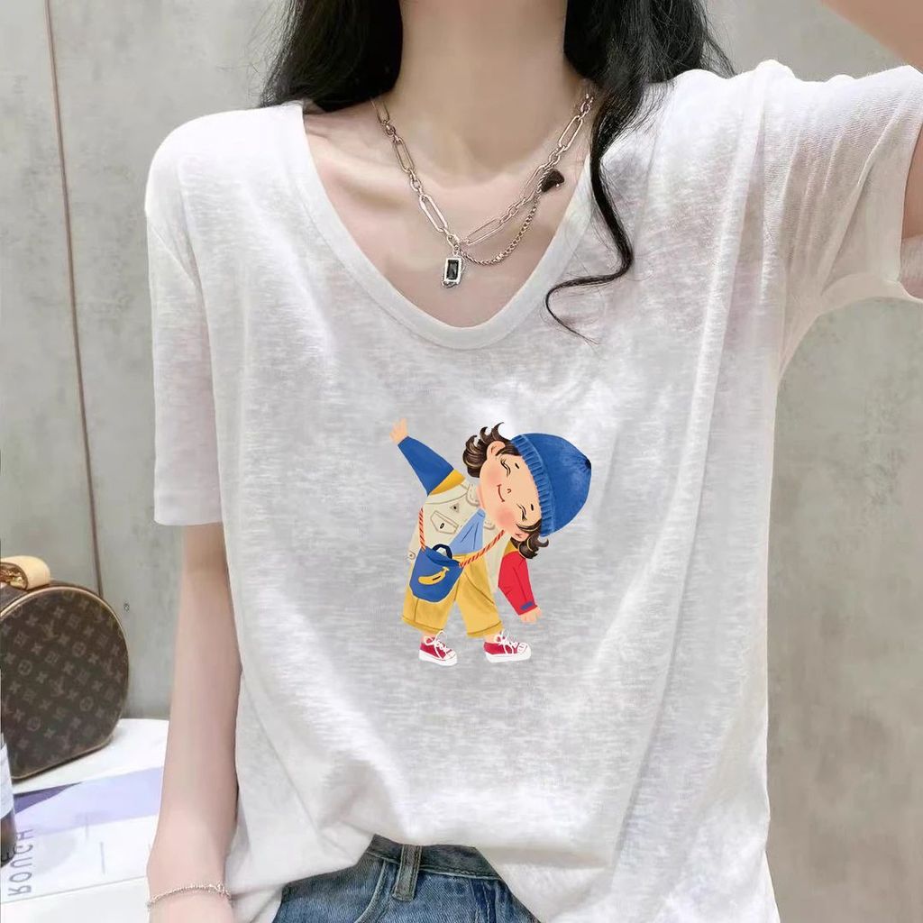 Áo Thun Nữ Mới Rời Trắng Tay Ngắn Size Lớn Cổ Chữ V Mỏng Nửa Tay