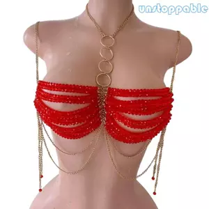 Unstop * Dây chuyền bikini đính cườm màu đỏ thanh lịch Dây chuyền cắt cổ cho nữ Trang sức cơ thể Bikini Áo ngực yếm cho sự kiện hộp đêm