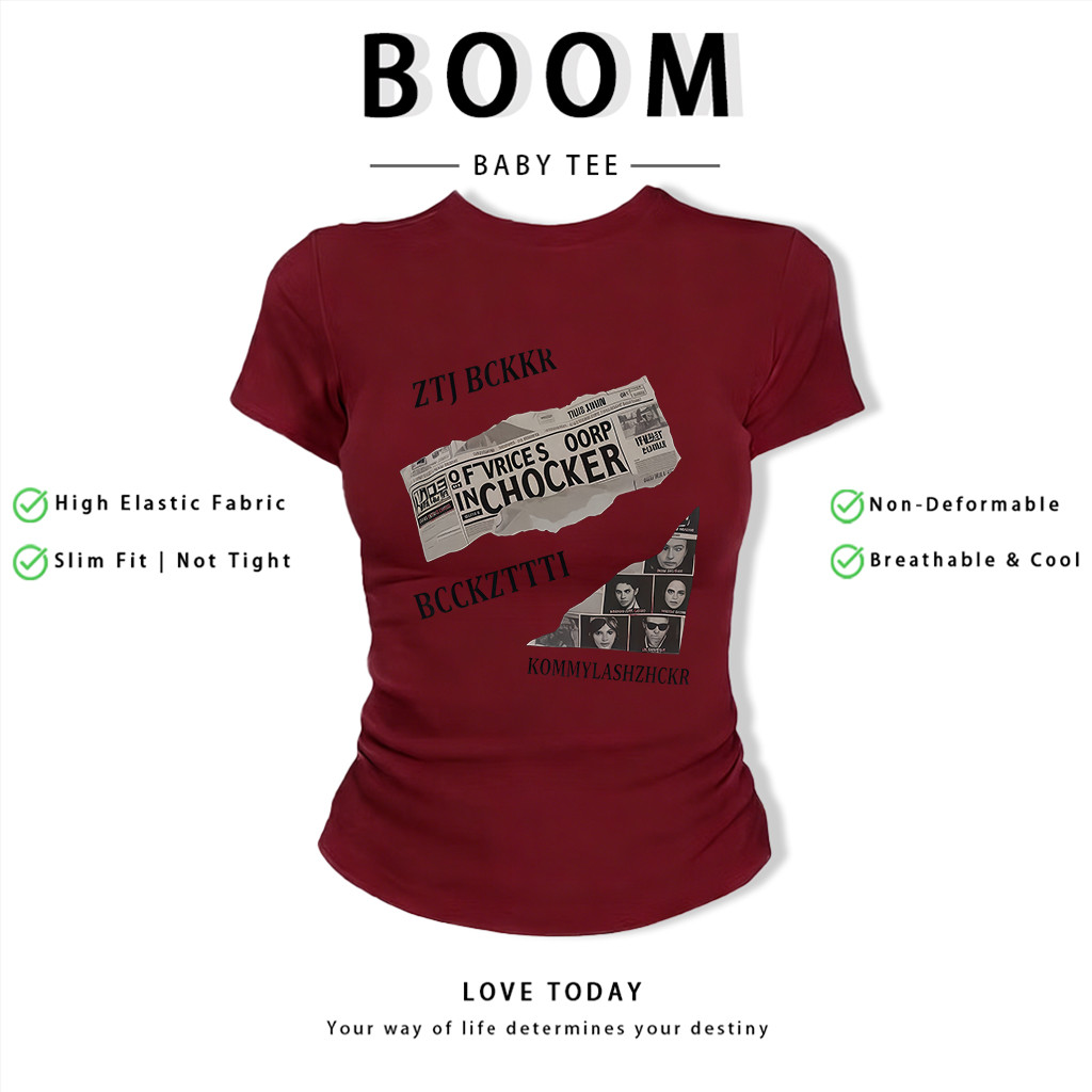 BOOM Áo Baby Tee Nữ Cotton Ôm Body-Áo Thun Ngắn Tay Y2K In Hình PhongCách Mùa Hè, Cổ Tròn Hàng Đầucách hàn quốc phongV98