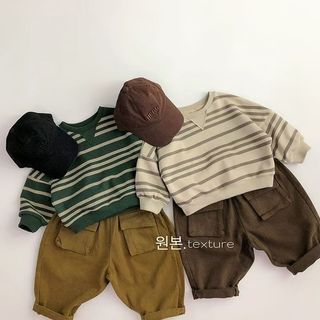 Áo thun dài tay cho bé trai Áo nỉ trẻ em Xuân thu Áo bé trai bé gái Phiên bản Hàn Quốc Quần áo sọc thời trang