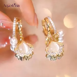 AqToCna 1 Cặp Bông Tai Pha Lê Tính Khí Thời Trang Màu Tím Zircon Hoa Bốn Lá Ngọc Trai Bông Tai Dành Cho Nữ Nhẹ Sang Trọng Phụ Kiện Tai AqToCna