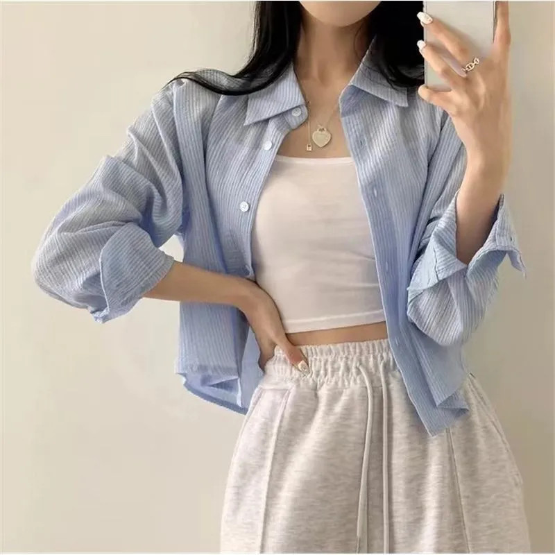 Áo Sơ Mi Nữ Phong Cách Hàn Quốc Thiết Kế Sọc Niche Mới Tay Dài