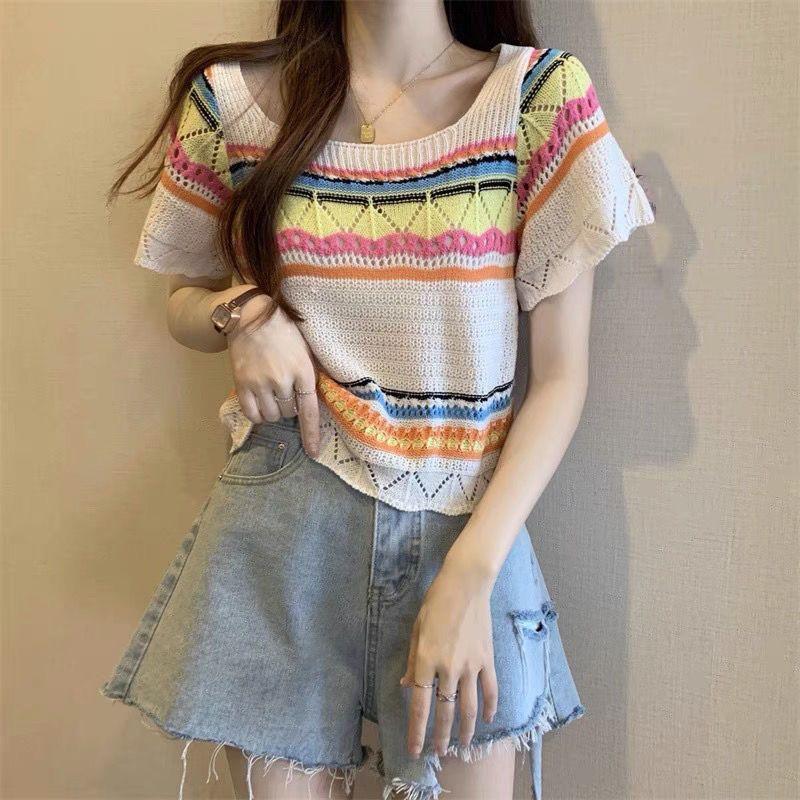 [Giảm giá 50%] Áo thun ngắn tay cổ tròn vuông phù hợp phong cách ngắn tay ngọt ngào dành cho nữ Mùa hè Phong cách mới thon gọn hơn trông mỏng dệt kim Sw