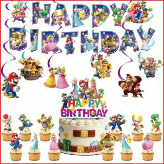 ST2 Super Mario Galaxy Phim Đảng Trang Trí Bóng Bay Khăn Trải Bàn Biểu Ngữ Bộ Đồ Ăn Đĩa Khăn Ăn TS2
