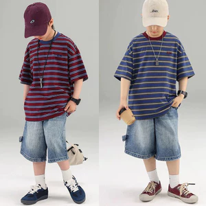 Áo thun Cotton thông thường cho trẻ em Hàn Quốc mùa hè sọc dáng rộng tay ngắn 80-170 Size 3ZSY