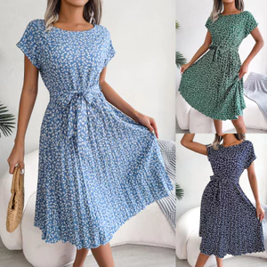 Hoa Nữ Ruched Rèm Đầm Tay Ngắn Cổ Mùa Hè Sang Trọng Chữ A Đầm Đi Biển Nữ