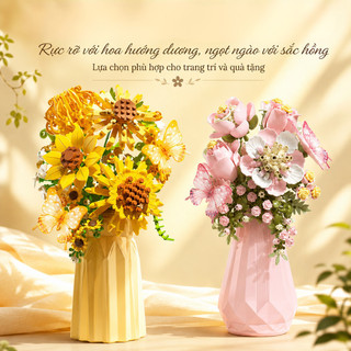 Khối xây dựng hoa DIY – hướng dương, bướm – Cắm hoa bó, có bình – Trang trí nhà cửa, quà tặng bé gái, dễ lắp ráp