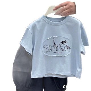 Mùa Hè Phong Cách Mới Cotton Nguyên Chất Miếng Dán Voi In Áo Thun Ngắn Tay Bé Trai Hươu Cao Cổ In Nửa Tay Top Bé Gái Sư Tử Ngựa Vằn In Đáy