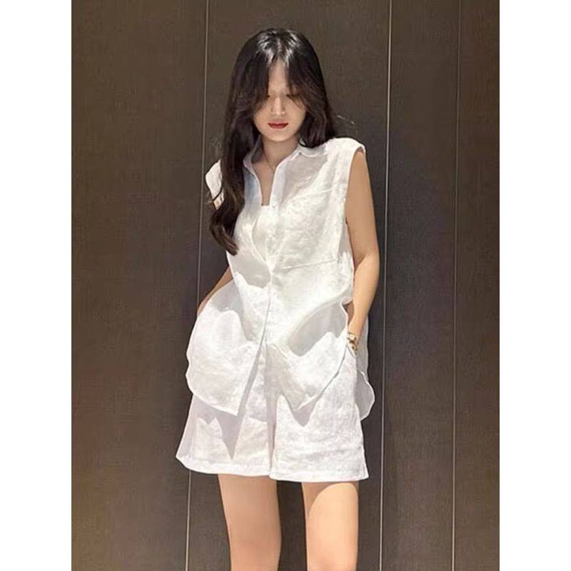 [Hàng mới về] Áo sơ mi không tay nữ + Quần short vải lanh Bộ đồ hai mảnh, Phiên bản thịt che rộng, Phong cách trắng tươi, Phong cách thường ngày thời trang mùa hè 2026