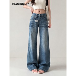 DADUlily | Phong Cách Hàn Quốc Retro, Quần Jean Ống Rộng Cạp Thấp Đã Giặt, Quần Dài, Ống Đứng Mỏng