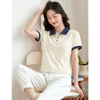 【Nên mua】áo kiểu nữ polo tay ngắn hai màu, cổ polo dáng ôm nhẹ, chất cotton mềm thoáng mát