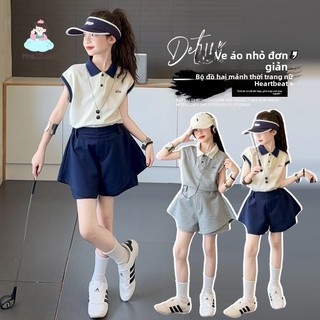 Bộ đồ bé gái polo thể thao - Áo sát nách phối màu váy quần chữ A set 2 món năng động