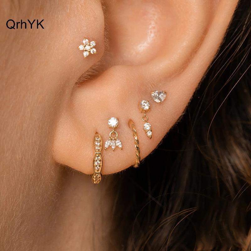 Bông Tai Bạc 925 Hình Trái Tim Kẻ Sọc Zircon Phù Hợp Cho Nữ