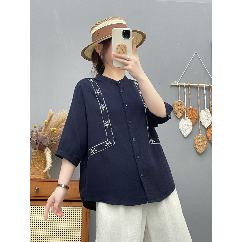 Áo sơ mi nữ Mori phong cách dân tộc, thêu tay ngắn, sợi cotton cao cấp
