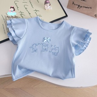 Bộ đồ bé gái hè áo xanh viền bèo phối váy chấm bi - Set chân váy bồng dễ thương phong cách Hàn