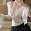 Áo sơ mi crop top nữ chất liệu tweed và ren, tay chuông, thiết kế gợi cảm, mỏng nhẹ phù hợp thời trang hiện đại