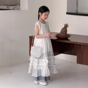 Trẻ Em Váy Dài Mùa Hè Phiên Bản Hàn Quốc Màu Trơn Thường Ngày Treo Váy Trẻ Em Màu Trơn Tất Cả Trận Đấu Khâu Váy