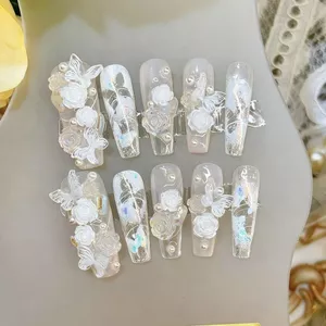 Nguyên Chất Handmade Bướm Trà Đá Đeo Móng Tay Cổ Đá Hoa Hồng Camellia Ice Trong Suốt Không Màu Miếng Dán Làm Móng Tay Tùy Chỉnh