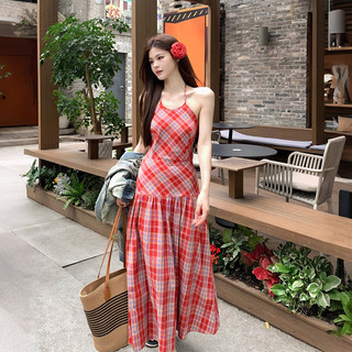 Nova-Đầm Hai Dây Cổ Yếm Dáng Dài Họa Tiết Caro Đỏ Phong Cách Thời Trang Mùa Hè Mới