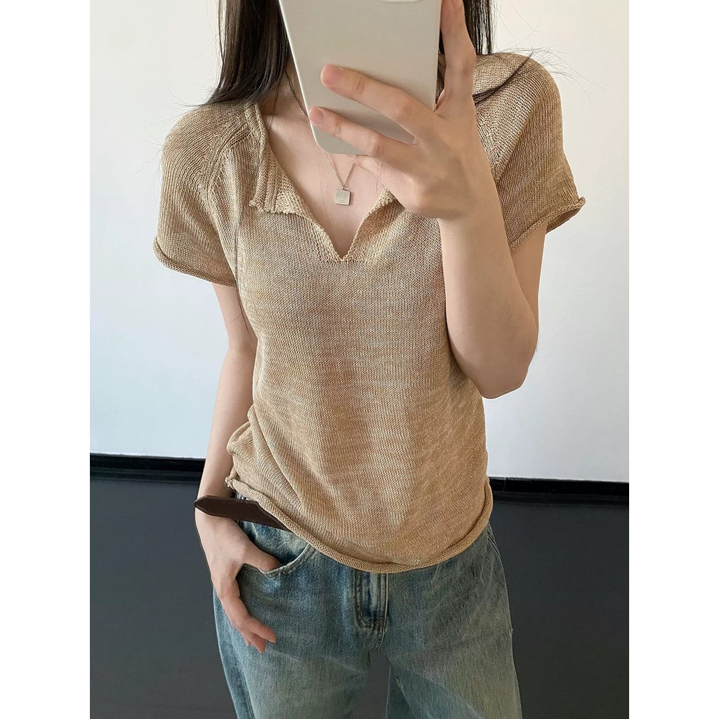 SUXI Áo thun ngắn tay dệt kim cổ chữ V cổ điển mới mùa hè dành cho nữ 260504