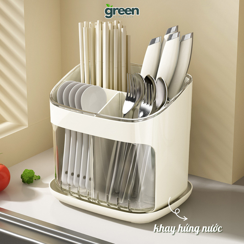 Hộp Đựng Đũa Muỗng Có Khay Hứng Nước Thoáng Khí, Ống Đựng Đũa Để Bàn Nhà Bếp Chống Ẩm Mốc Tiện Lợi