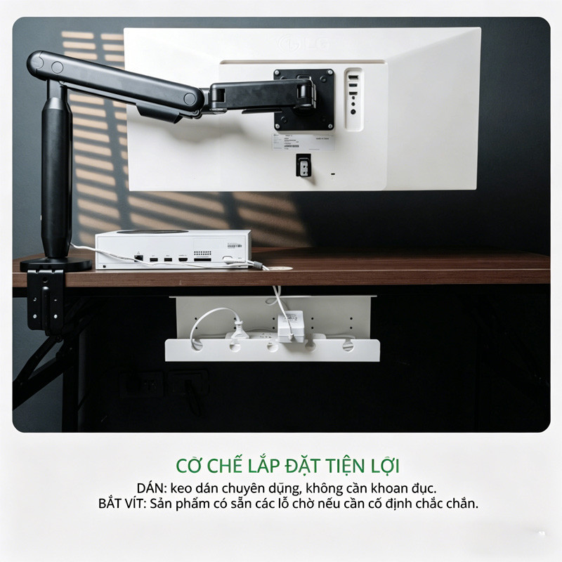 Khay quản lý dây cáp dưới bàn - che giấu ổ cắm gọn gàng, dễ lắp đặt, ngăn ngừa dây cáp rối và cách điện an toàn