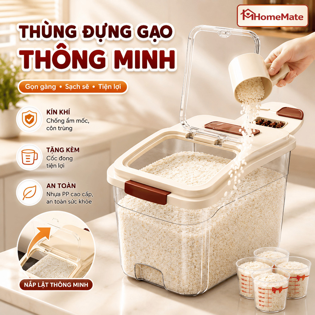 Thùng Đựng Gạo HomeMate 20kg/35kg – Hộp Đựng Gạo Nắp Lật Chống Ẩm, Chống Côn Trùng Có Bánh Xe Tiện Lợi