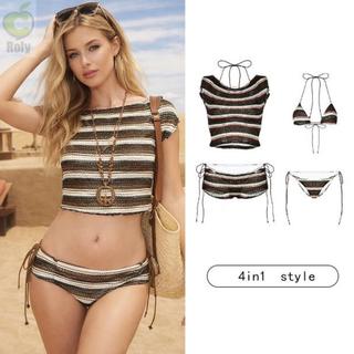 Đồ bơi nữ ROLY, Bikini sọc đi biển cổ điển, Bộ đồ liền thân nhỏ thời trang vừa vặn 4 mảnh Bộ bikini phẳng Khu nghỉ mát mùa hè