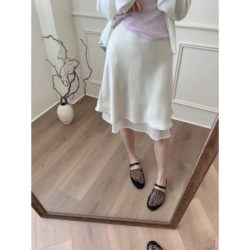 SUXI Váy chấm bi hai lớp Satin chấm bi phong cách Hàn Quốc nhẹ nhàng dành cho nữ mùa hè mới 260509