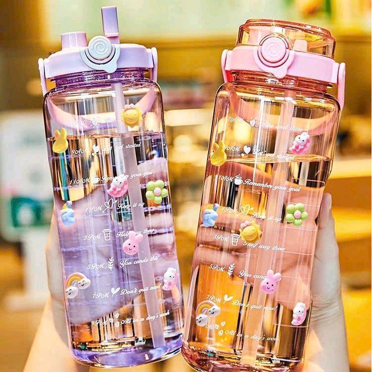 Bình Nước Chia Vạch Nhắc Giờ Bình Uống Nước 2L Có Vạch Đo Dung Tích Có Ống Hút, sticker