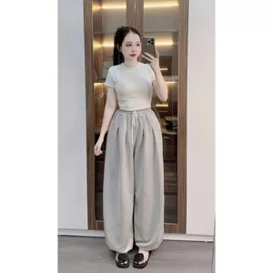 sét bộ quần dài da cá xám tiêu TRƠN +mix áo thun Croptop TRƠN tăm lạnh -945