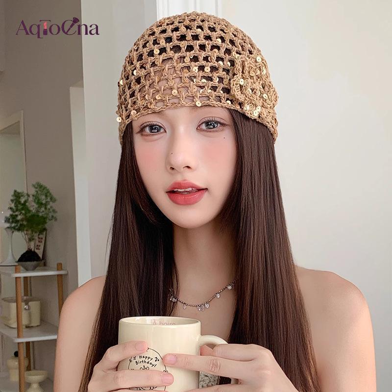 AqToCna Retro Thanh Lịch Đính Kim Sa Lấp Lánh Hoa Rỗng Mũ Chui Đầu Nữ Mùa Hè Thu Du Lịch Ảnh Bầu Không Khí Đa Năng Thường Ngày Y2K Dệt Beanies AqToCna