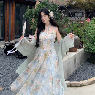 Đầm dài cổ halter thêu tranh sơn dầu cao cấp cho Nữ mùa hè phong cách kỳ nghỉ bãi biển ngọt ngào