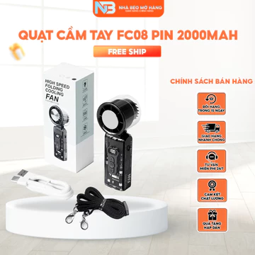 Quạt Cầm Tay Sò Lạnh FC08 Pin 2000mAh – Mini Gấp Gọn, Có Đèn LED, Dây Đeo Tiện Lợi, Quạt Cầm Tay Du Lịch Mùa Hè