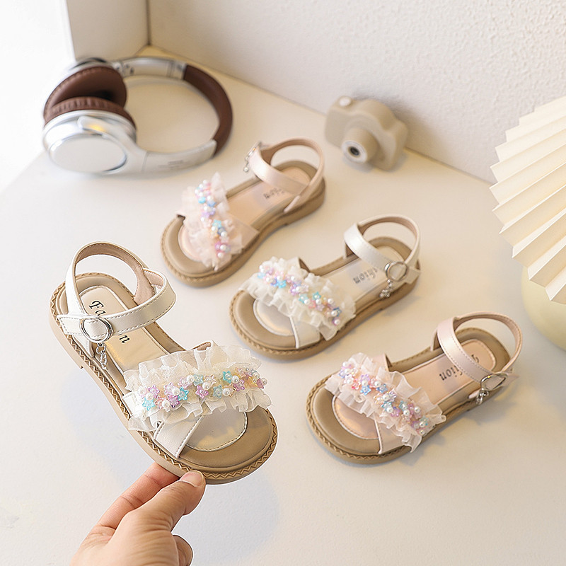Giày Sandal Bé Gái Công Chúa Voan Xoè Đính Ngọc Sắc Đế Mềm Êm Chống Trượt Đi Tiệc Đi Chơi Mùa Hè